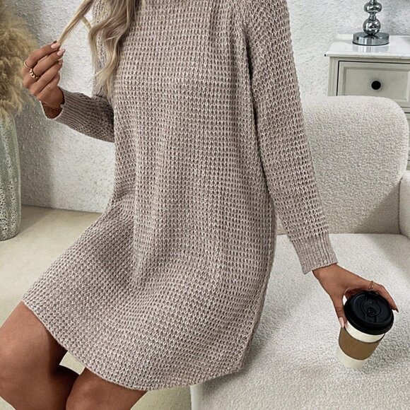 Khaki Casual Women's Solid Color Turtle Neck Raglan Sleeve Sweater Dress - Picture 5 of 5